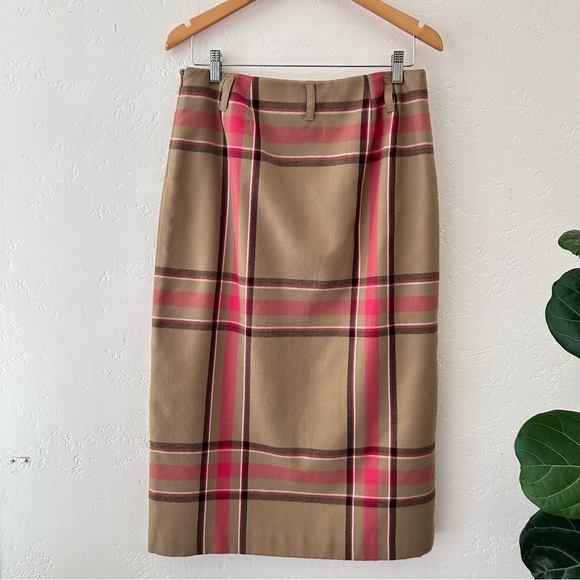 EVAN PICONE Vtg 90s Tartan Plaid Wrap Midi Skirt Belt Loops Tan Pink Size 10 - Picture 5 of 11